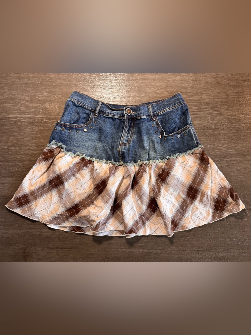 Y2K Fang Denim Skirt With Plaid Ruffle Layer M Vintage